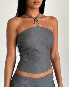 Lakia Top in Tailoring Charcoal Coachella Looks, Buckle Top, Skirt Model, Summer Bodycon Dress, Red Jeans, Party Dress Long Sleeve, Bandeau Dress, Halter Neck Top, Black Bodycon Dress