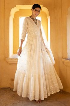 Shop for PREEVIN Off White Cotton Mulmul Angrakha Anarkali With Dupatta for Women Online at Aza Fashions White Angrakha Anarkali, Angrakha Style Frock, White Angrakha, Net Dress Design, Angrakha Anarkali, Embroidery Anarkali, White Frock, White Anarkali, 3d Applique