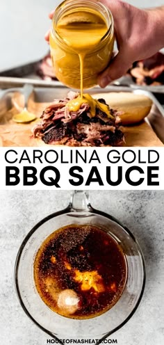 the ingredients to make carolina gold bbq sauce are shown in two separate images, one being