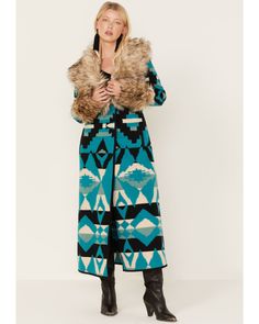 Tasha Polizzi Women's Southwestern Print Faux Fur Taconic Blanket Coat, Turquoise Good Websites, Leather Coat Womens, Patchwork Coat, Fur Collar Jacket, Unique Jackets, Blanket Coat