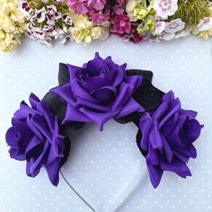 This striking Halloween headpiece will make you the belle of any fancy dress party. The dark purple flower headband is made from three very large roses which are complimented by lots of black leaves in a variety of sizes. The design is secured to a silver headband with felt material to help it stay in place and the height is: 6.5cm / 2.5in. I make every effort to accurately represent each product's colour but variances may occur due to differences in computer monitor/tablet/mobile device setting Halloween Headpiece, Purple Flower Headband, Dark Purple Roses, Large Roses, Wedding Flower Crown, Dark Purple Flowers, Wedding Hair Wreath, Rose Headband, Soul Design