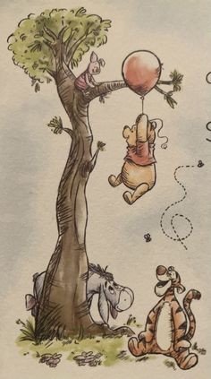 winnie the pooh and tigger hanging from a tree with an orange balloon above them