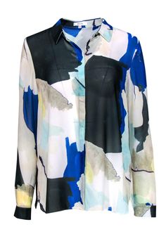 Current Boutique-Reiss - Cream, Black & Blue Printed Sheer Button-Up Blouse Sz 8 Multicolor Abstract Print Shirt For Work, Chic Multicolor Abstract Print Blouse, Modern Blue Blouse For Office, Chic Multicolor Button-up Blouse, Modern Patterned Tops For Spring, Trendy Blue Abstract Print Top, Trendy Abstract Print Blouse For Spring, Chic Graphic Print Button-up Blouse, Modern Shirt With Abstract Print For Spring