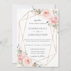 a wedding card with pink roses and gold foil on the front, in an elegant geometric frame