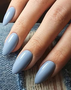 Blue Gray Nails Acrylic Short, Nails With Dusty Blue Dress, Blue Grey Almond Nails, Solid Nail Color Ideas Almond, Solid Color Nails For Pale Skin, Dusk Blue Nails, January Nails Blue Grey, Solid Oval Nails, Blue Gray Almond Nails