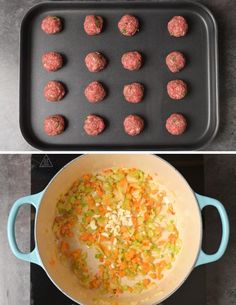 meatballs are being cooked in a pan and then placed on top of the stove