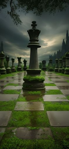 a large chess board with green grass on it