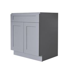 a gray cabinet with two doors and one drawer on the left side, against a white background