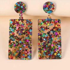 New Product Material Acrylic Free Box Trendy Brown Party Earrings, Trendy Brown Earrings For Party, Multicolor Plastic Earrings For Party, Multicolor Rectangular Earrings For Party, Shein Brasil, Rectangle Earrings, Sparkling Stars, Glitter Earrings, Sparkle Earrings