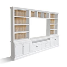 a white entertainment center with wooden shelves and drawers on each side, against a white background