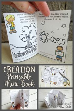 a hand holding an open book with the title creation printable mini - book