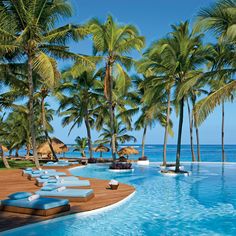 an outdoor swimming pool surrounded by palm trees