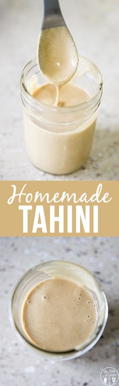 homemade tahn sauce in a glass jar with a spoon on top and the recipe below