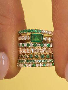 Our Gracie Ring is our favorite way to add a touch of color (and sparkle!) to your jewelry. The halfway around emerald and diamond band is beautiful on its own, with all your gorgeous emerald pieces, or even as a colorful compliment to your engagement ring. Emerald Wedding Band With Diamond Engagement Ring, Emerald Band Rings, Emerald Diamond Band Ring, Emerald Stackable Ring, Emerald Rose Gold Ring, Stackable Wedding Bands For Women, Emerald Wedding Band Stack, Emerald Wedding Ring Stack, Emerald Stacking Ring