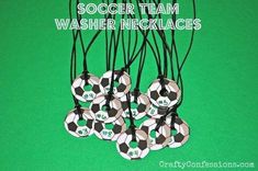 soccer team washer necklaces on a green background with the words, soccer team washer necklaces