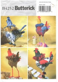 four pictures of different types of chickens and roosters in the same pattern, each with an individual's name on it