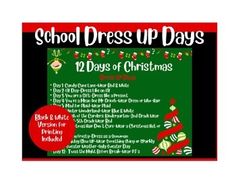 school dress up days poster with christmas decorations on the back and green chalkboard background