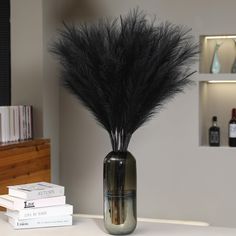 a vase filled with black feathers sitting on top of a table next to two books