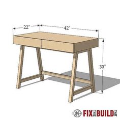 a wooden desk with measurements for the top and bottom legs, including one leg on each side