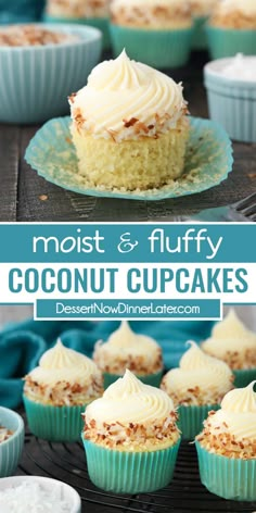 coconut cupcakes with white frosting and sprinkles on top