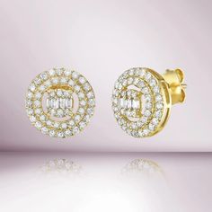 These diamond Round Shape earrings are perfect for daily wear, anniversaries, weddings, engagements, parties, ceremonies, and cocktails features shimmering round shaped diamonds arranged elegantly in a classic prong setting on the inner and outer section, adding a glamorous edge to your appearance. Wear your diamond st Baguette Studs, Double Halo, Gold Halo, Studs Earrings, Baguette Diamond, Gold Set, Jewelry Lover, Jewelry Pouch, Diamond Studs