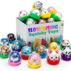 a box filled with lots of colorful plastic toys