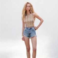 Brand New With Tags, Size 8 Chic Mid-rise Jean Shorts For Beach, Zara High Waist Jean Shorts For Summer, Chic Blue Jean Shorts For Beach, Zara Trendy Jean Shorts For Summer, Multicolor Mid-rise Summer Bottoms, Zara Beach Shorts For Spring, Zara Casual Summer Shorts, Casual Zara Shorts For Beach Season, Zara High-waisted Jean Shorts For Summer