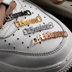 Inspired by the Air Force 1, the name plate can slide on your shoes laces and is the perfect statement piece for you or as a gift. Shoes Laces, Your Shoes, Slide On, Name Plate, Air Force 1, Custom Name, Shoe Laces, Statement Pieces, Air Force