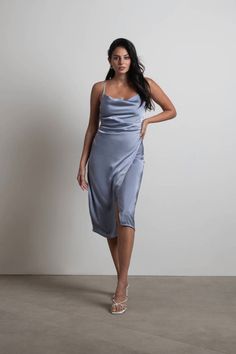 Maddy Cowl Neck Satin Slip Midi Dress in Slate - $39 | Tobi US Holiday Formal Dresses, Vintage Street Fashion, Light Blue Prom Dress, Holiday Dresses Women, Slip Midi Dress, Winter Formal Dresses, Pretty Prom Dresses, Statement Dress, Blue Dress Casual