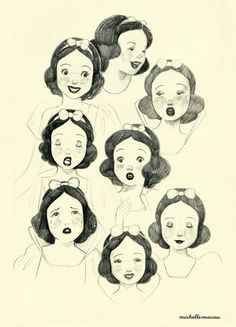 a drawing of six women with their mouths open and one woman's face in the middle