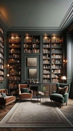 a living room filled with lots of bookshelves covered in green and brown furniture