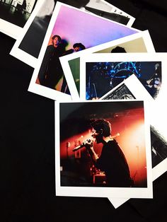 multiple polaroid photos of people on stage and in the background, with one person holding a microphone