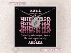 This personalized Sister in Law necklace is the perfect Sister in Law gift! Our custom jewelry with complimentary gift box also makes our necklace a perfect Bonus Sister birthday, wedding, Christmas, and Mother's Day gift! Option to customize recipient and sender! ❤️  HOW TO ORDER  1. Click the first drop down menu - choose finish and length  2. Click the second drop down menu - select initial 3. Follow directions above the personalization box and type additional information 4. Message us by clicking 'contact us' on our shop page BEFORE you order if you have any questions. We start production shortly after you place your order so we can ship fast! 5.  Add to cart and repeat for any additional items. 6.  Review shipping address and order details before placing your order. 7. Sit back and re Law Jewelry, Gift For Sister In Law, Law Necklace, Sister In Law Birthday, Fast 5, Sister In Law Gifts, Perfect Sisters, Lucky To Have You, Gift For Sister