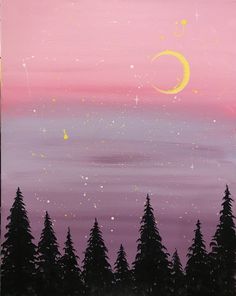 a painting with trees and a moon in the sky