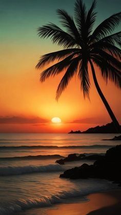 the sun is setting behind a palm tree on the beach with waves crashing in front of it