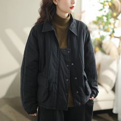 Details: Gender: Women Item Type: Jacket Material: Cotton Pattern Type: Solid Season: Spring, Autumn Style: Leisure, Daily, Retro Occasion: Going Out, Daily Size: One Size Length: 62.00 cm/ 24.41 " Bust: 142.00 cm/ 55.91 " Sleeve: 73.00 cm/ 28.74 " Quilted Button-up Winter Outerwear, Long Sleeve Windbreaker For Workwear In Winter, Casual Winter Button-up Windbreaker, Casual Button-up Windbreaker For Winter, Winter Workwear Windbreaker With Pockets, Casual Puffer Jacket With Padded Collar, Winter Cotton Single Breasted Utility Jacket, Casual Long Sleeve Puffer Jacket With Padded Collar, Single Breasted Cotton Winter Outerwear