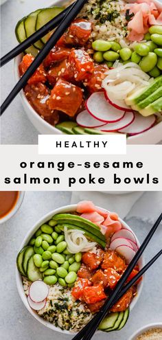 healthy orange sesame salmon poke bowls with chopsticks on top and in the middle