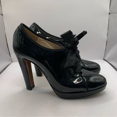 Moschino Patent Leather Heels Black Oxford Lace Women’s Size Eu 37.5 Us 7.5 D10 Formal High Heel Shoes With Heel Tab, Formal Heels With Heel Tab And Round Toe, Lace-up Heels With Leather Sole For Formal Occasions, Formal Lace-up Patent Leather Heels, Formal Lace-up Heels With Leather Sole, Chic Patent Leather Lace-up Heels, Lace-up Heels With Reinforced Heel For Formal Occasions, Formal Lace-up Heels With Reinforced Heel, Chic Lace-up Formal Heels