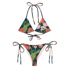 Women's Recycled String Bikini Fitted Floral Print Swimwear For Vacation, Printed Fitted Swimwear With Tie-side Bottom, Printed Fitted Tie-side Bottom Swimwear, Printed Fitted Tie-side Swimwear, Fitted Tropical Swimwear For Resort Season, Fitted Bohemian Swimwear With Floral Print, Bohemian Floral Print Fitted Swimwear, Fitted Tropical Print Triangle Top Swimwear, Fitted Floral Print Swimwear With Triangle Top