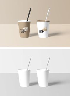 two coffee cups with straws in them