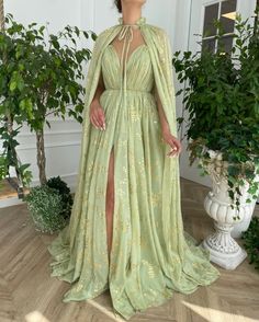 Summer Vine Capelet Gown | Teuta Matoshi Royal Dress Aesthetic, Ethereal Gowns, Summer Vine, Teuta Matoshi, Light Green Dress, Quinceñera Dresses, Royal Dresses, Aesthetic Green, Dress Aesthetic