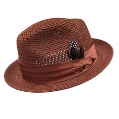 Be daring and fearless this summer in the Montique's Spice Solid Color Pinch Braided Fedora with matching satin ribbon. Perfectly airy for hot summer days, this stylish fedora is outfitted with a feather accent and Montique Pin. Show off your daring personality and challenge the heat in style with the Polyester Blend material and 2" brim size. Braided Hat Matching Satin Ribbon Pinch Crown Feather Accent No Lining Fedora Montique Pin Airy Crown (perfect for a hot summer day) Material: Polyester B Brown Summer Fedora With Flat Bill, Brown Flat Bill Panama Hat For Summer, Vintage Flat Bill Hats For Summer, Vintage Flat Bill Summer Hats, Brown Flat Bill Fedora For Beach, Brown Fedora With Short Brim For Western-themed Events, Artisan Brown Fedora For Western-themed Events, Brown Southwestern Fedora Hat, Brown Woven Brimmed Fedora