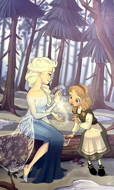 the princess and her friend are talking in the snow forest, one is holding an ice cream