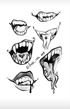 some mouths with teeth and fangs drawn in pencil on white paper, including the upper half of