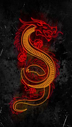 a red and yellow dragon on a black background with the letter s in it's center