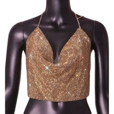 Rhinestone halter top. Glamorous Gold Tank Top For Party, Gold Sleeveless Top For Club, Chic Gold Tank Top For Night Out, Gold Tank Top For Evening, Gold Tank Top For Summer Club Events, Gold Tank Top For Summer Night Out, Glamorous Fitted Gold Tank Top, Summer Gold Tops For Club, Gold Tops For Club Summer Wear