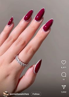 Red Nails Design Glitter, Red Nails With Red French Tip, Nails With Border, Wine And Silver Nails, Red Nail With Glitter, Nail Designs Red Glitter, Candy Red Nails, Red And Glitter Nails, Glitter Red Nails