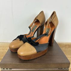 Lanvin Platform Heels Sz 40. Two Tone Leather Heels With Velvet Black Bows On The Toe. Boot Sole Bottom Wooden Platform Heel All Wear Pictured Black Bows, Lanvin Shoes, Platform Heel, Black Bow, Platform Heels, Lanvin, Leather Heels, Black And Brown, Two Tone