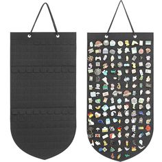 two black wall hangings with different types of buttons on them and one is made out of plastic