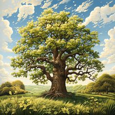 a painting of a large tree in the middle of a field with clouds above it